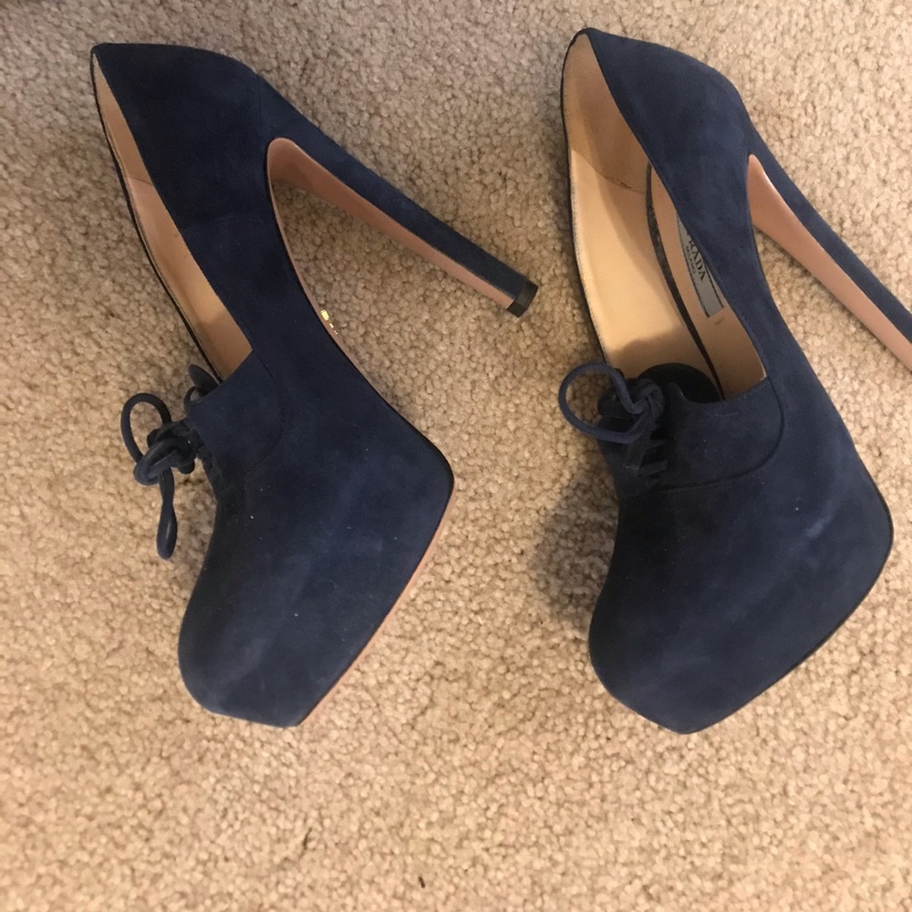 PRADA Blue tie up suede heels